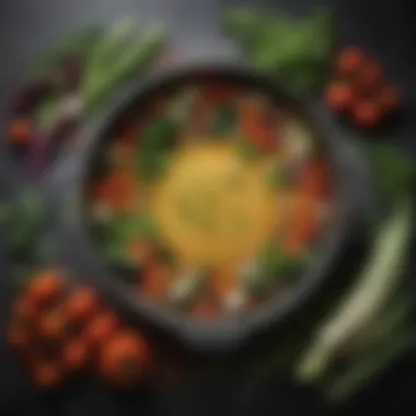 A vibrant array of fresh vegetables and herbs arranged around a ceramic cooking pan.