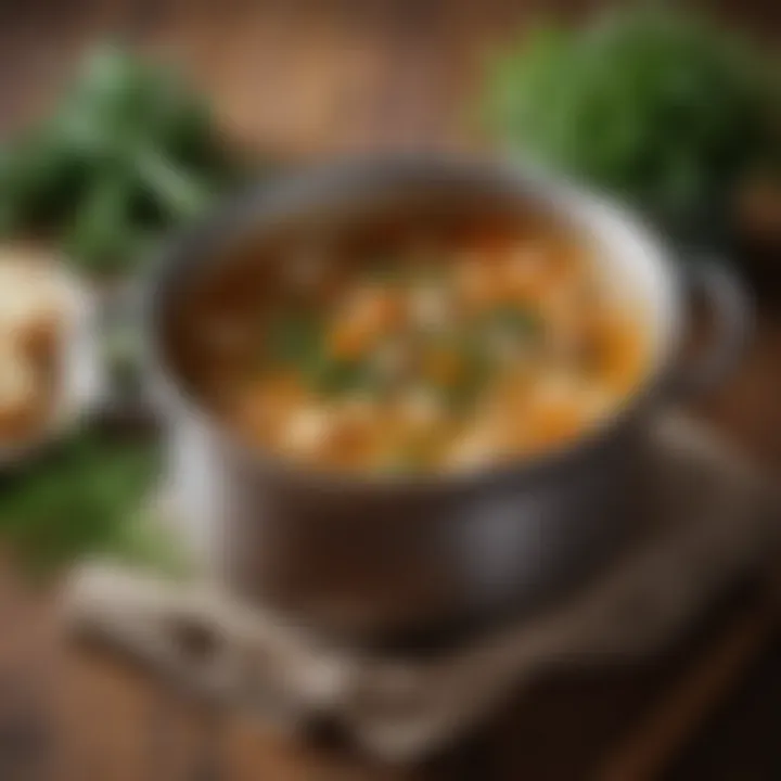 An elegant stock pot filled with a homemade soup, garnished with fresh herbs.