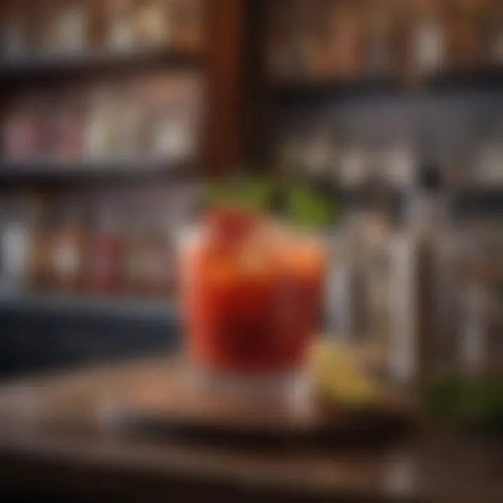 A stylish bar setup displaying various gins and mixers for Bloody Mary cocktails.