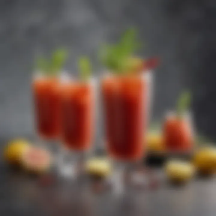 An elegant cocktail glass showcasing a gin Bloody Mary with colorful garnishes.