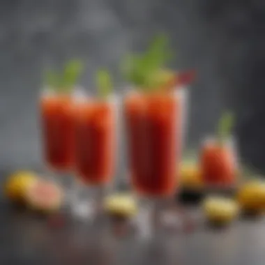 Elegant Gin Bloody Mary Presentation An elegant cocktail glass showcasing a gin Bloody Mary with colorful garnishes.