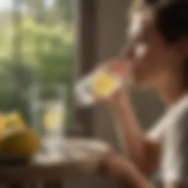 A person enjoying a glass of lemon water in a serene morning setting