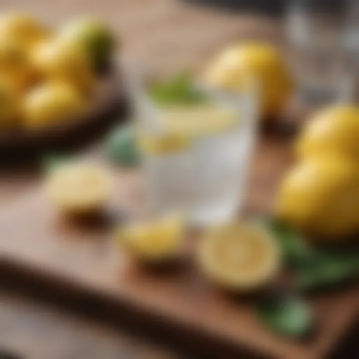 Fresh lemons and a glass of lemon water on a wooden table