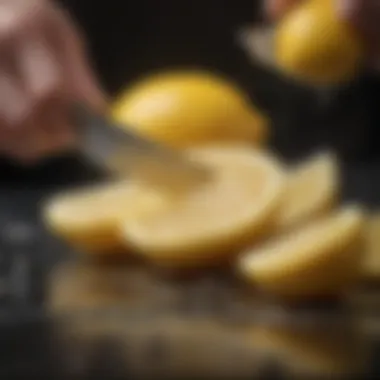 Close-up of a lemon being sliced with a knife