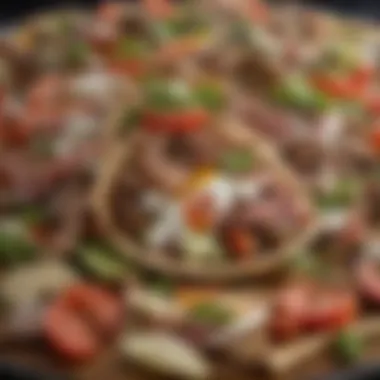 A close-up view of the loaded gyro, focusing on the textures and layers of ingredients.