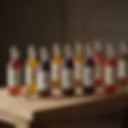 A variety of vinegars displayed in elegant bottles on a wooden table