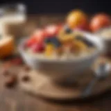 A bowl of oatmeal topped with fresh fruits and nuts