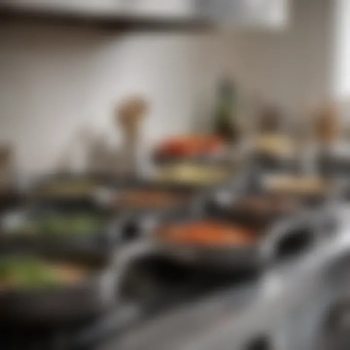 Various sauté pans displayed in a professional kitchen