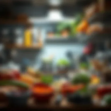 A vibrant kitchen workspace filled with fresh ingredients and culinary tools