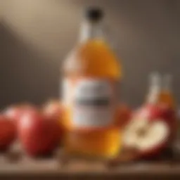 A bottle of apple cider vinegar with fresh apples and a glass