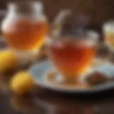 A close-up view of a honey jar beside a steaming cup of tea, highlighting the inviting blend of colors and textures.