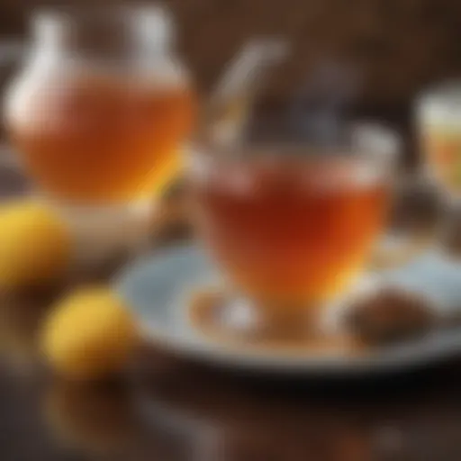 A close-up view of a honey jar beside a steaming cup of tea, highlighting the inviting blend of colors and textures.