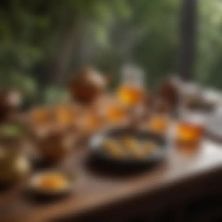 A traditional tea ceremony setup featuring honey, symbolizing the cultural significance of this combination across different societies.