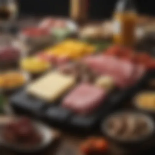Ingredients for a Perfect Raclette Experience A beautifully arranged stone raclette grill with various ingredients