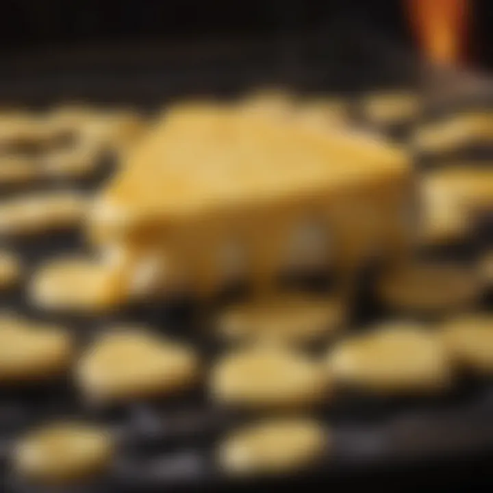 Melted Cheese: The Heart of Raclette Cooking Close-up of melted cheese on a raclette grill