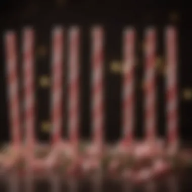 A colorful assortment of old fashioned peppermint sticks arranged in a festive display.