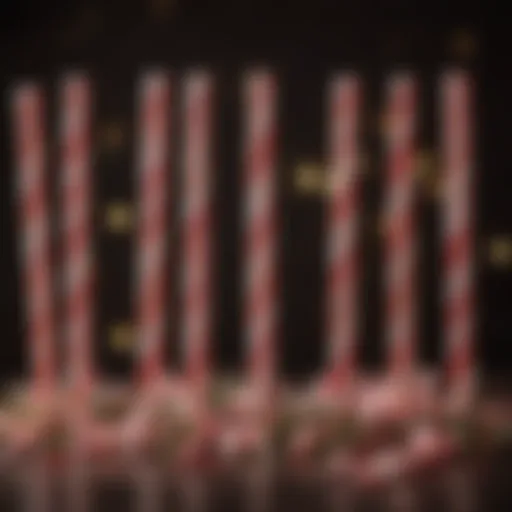 A colorful assortment of old fashioned peppermint sticks arranged in a festive display.
