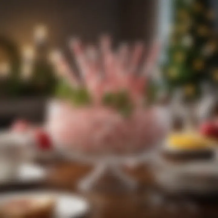 A beautifully styled holiday table featuring peppermint sticks as a centerpiece.
