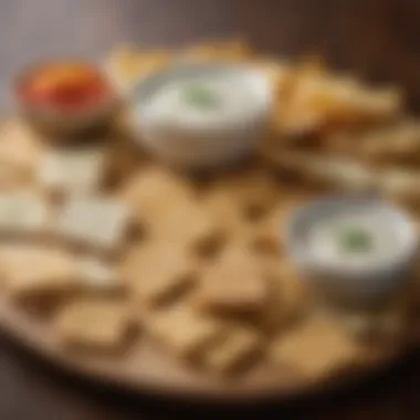 A creative platter showcasing ranch-flavored saltine crackers with various dips