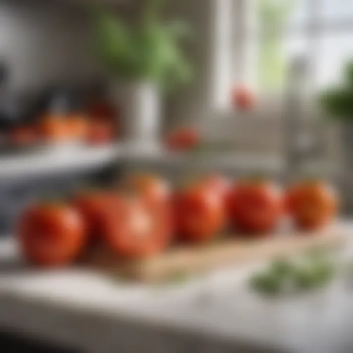 Fresh tomatoes with herbs on a kitchen countertop