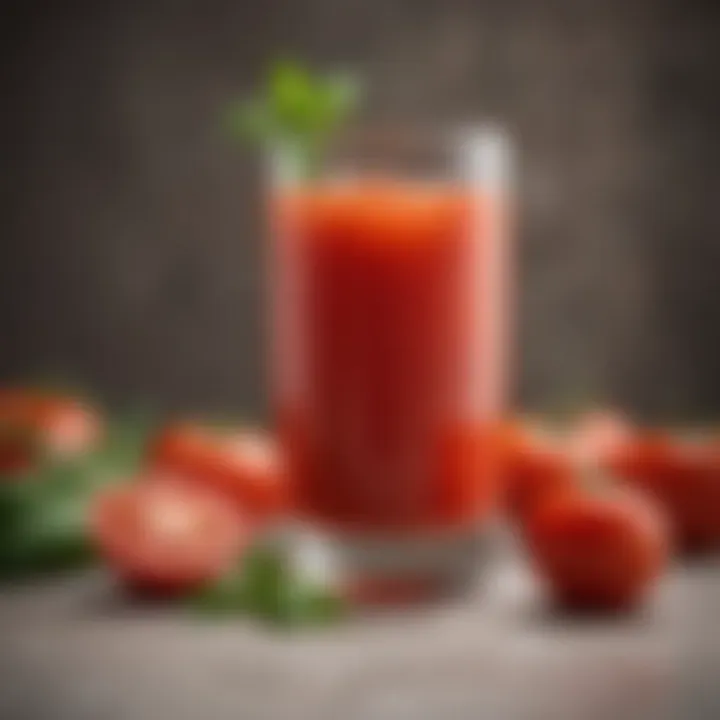 A vibrant glass of tomato juice garnished with basil