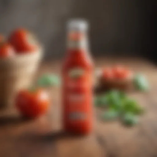 Bottle of organic tomato juice on a wooden table