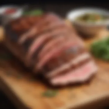 Sliced tri tip served on a wooden board with herbs