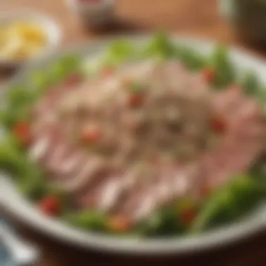 A beautifully arranged plate of tuna salad, ready to be enjoyed with crackers.