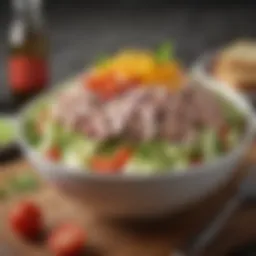 A vibrant bowl of tuna salad with relish garnished with fresh vegetables.