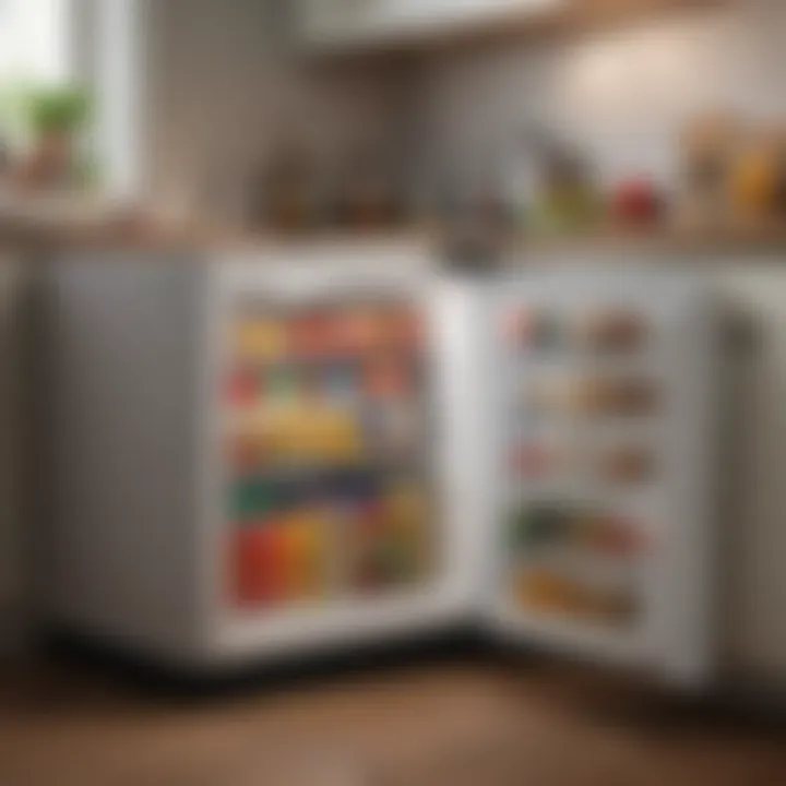 Compact under table fridge integrated into a small kitchen space