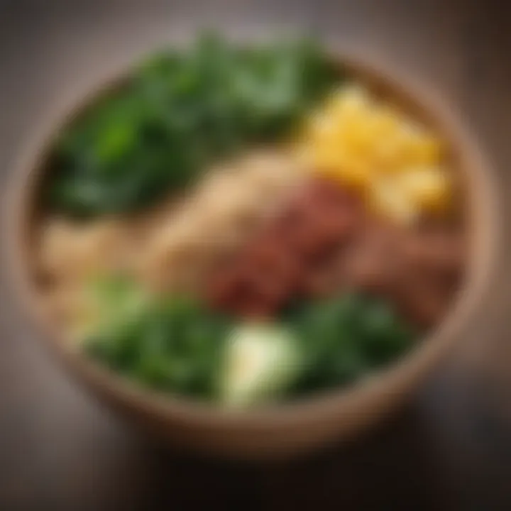 A close-up of a hearty grain bowl filled with quinoa, beans, and fresh greens representing balanced nutrition.