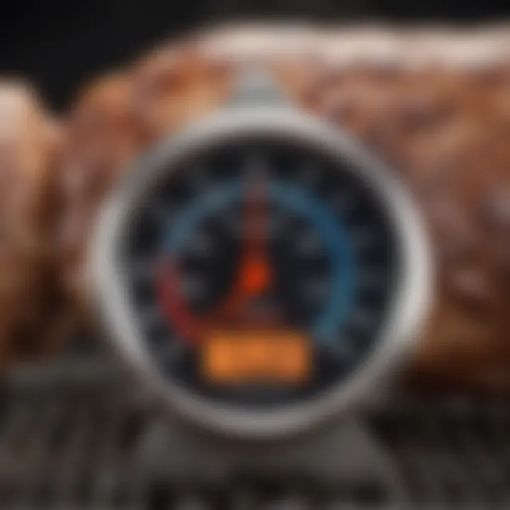 A close-up of a digital BBQ smoker thermometer displaying precise temperature readings.