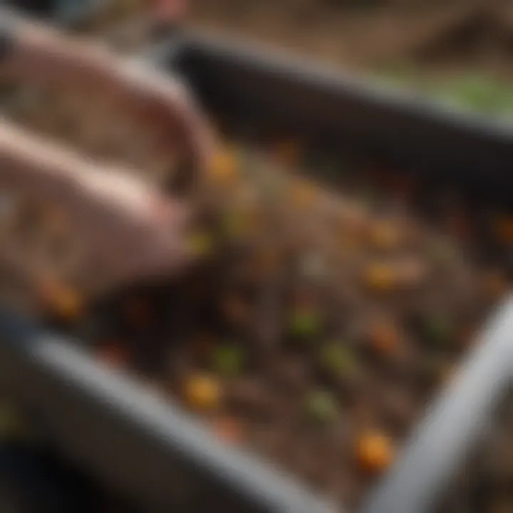 Close-up view of compost materials being added to a cart for effective composting