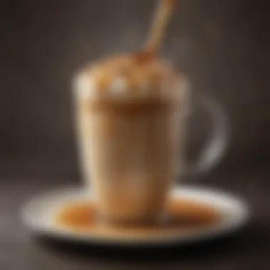 A steaming cup of coffee topped with a layer of caramel