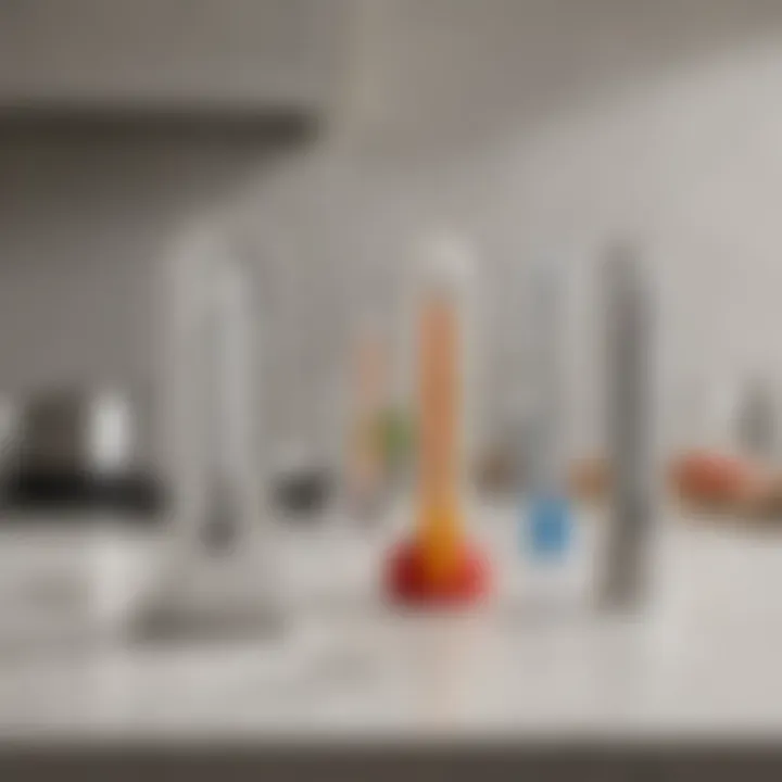 Different types of kitchen thermometers displayed on a countertop