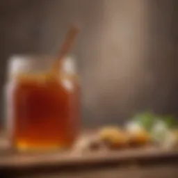 A close-up view of Manuka honey in a glass jar with a wooden dipper