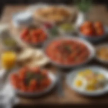 Traditional Mediterranean Breakfast Spread A vibrant spread of traditional Mediterranean breakfast ingredients including olives, feta cheese, and fresh tomatoes.