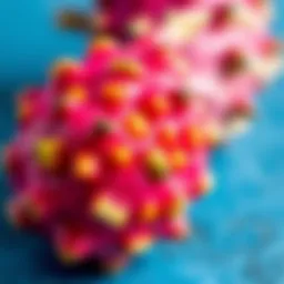 Close-up view of a vibrant pitaya fruit showing its unique texture and colors