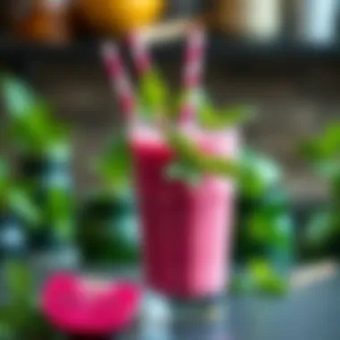 A refreshing pitaya smoothie garnished with fresh mint leaves