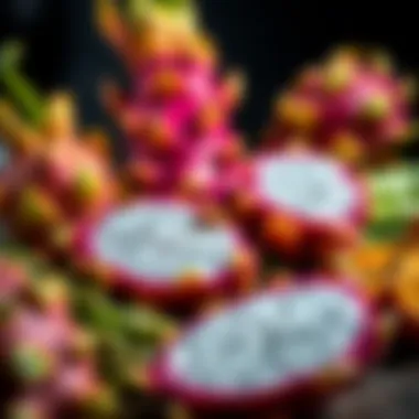 A colorful arrangement of different varieties of dragon fruit