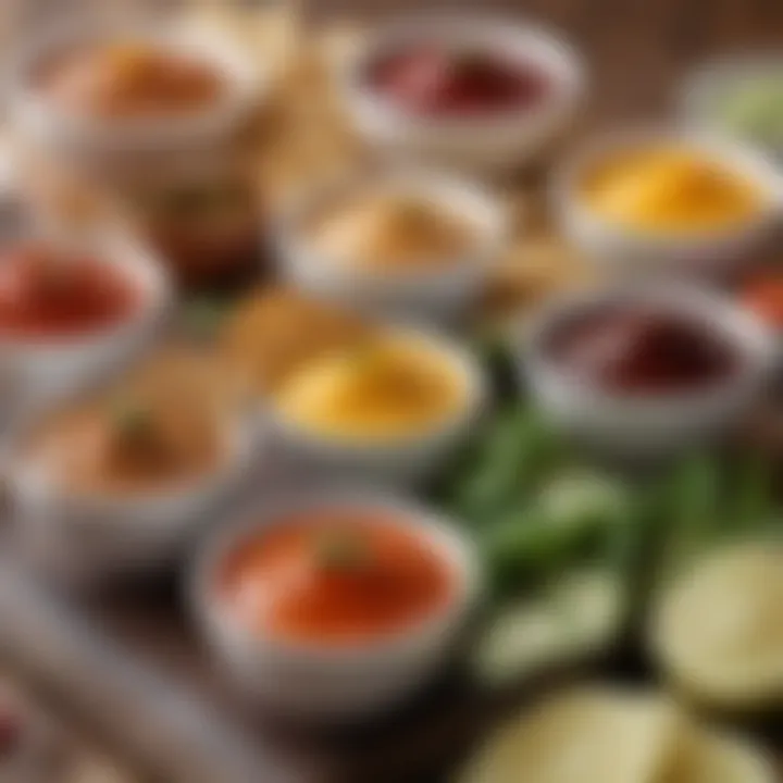 A close-up view of unique sauces and dips served alongside finger foods, emphasizing flavor pairings.