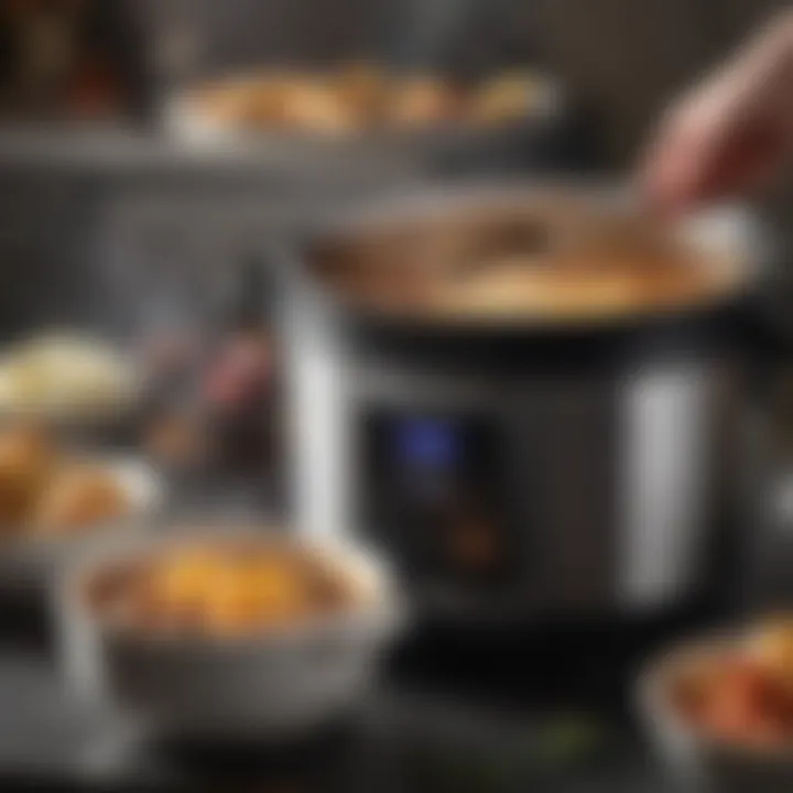 A steaming pot of food being served directly from the all-in-one cooker, capturing the essence of comfort food.