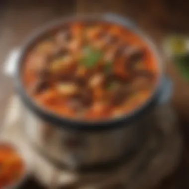 Close-up of a vibrant dish prepared in a pressure cooker, highlighting the rich textures and colors.