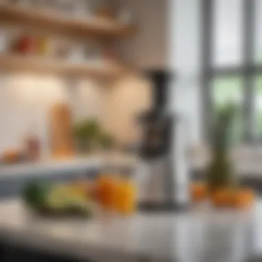 A well-organized kitchen countertop featuring a vertical slow masticating juicer and fresh ingredients.