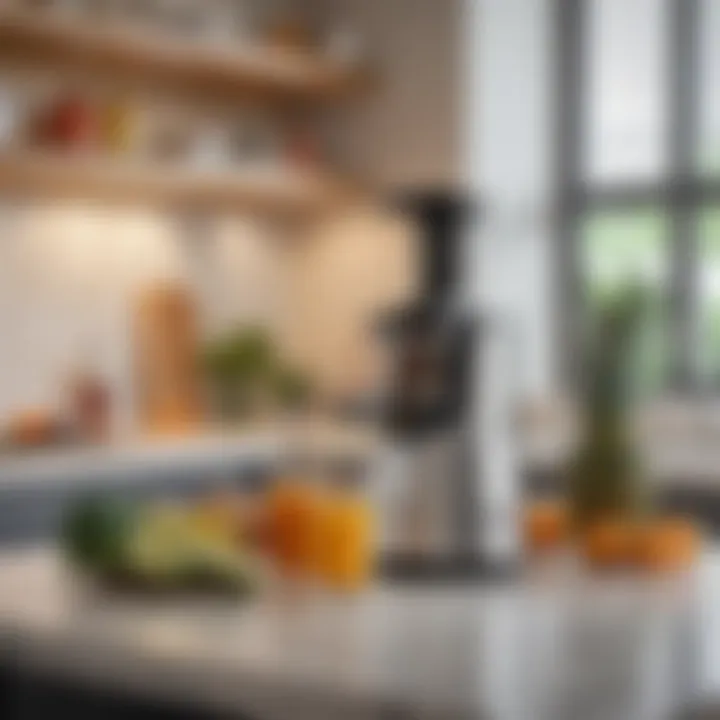 A well-organized kitchen countertop featuring a vertical slow masticating juicer and fresh ingredients.