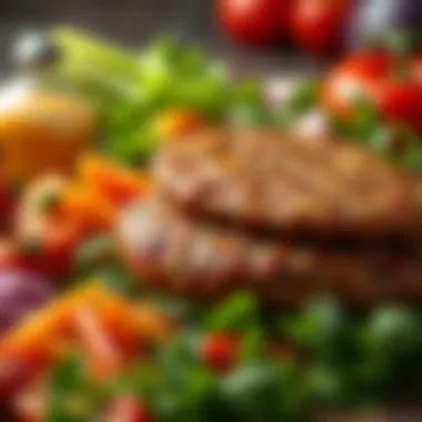 Fresh Ingredients and Hamburger An array of fresh ingredients beside cooked hamburger