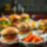 A variety of hamburger dishes beautifully arranged on a table