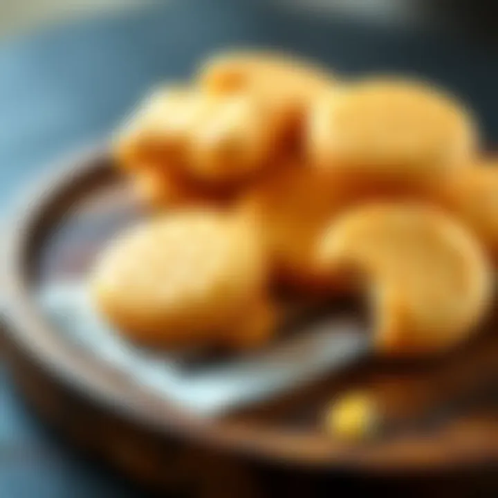 A close-up view of golden-brown vanilla wafers arranged aesthetically on a wooden platter.