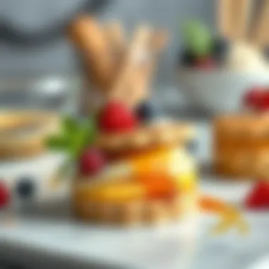 An elegant presentation of vanilla wafers complemented by fresh fruits and sauces.