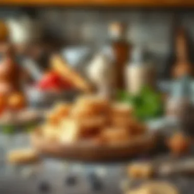 A rustic kitchen setup featuring various ingredients alongside vanilla wafers.